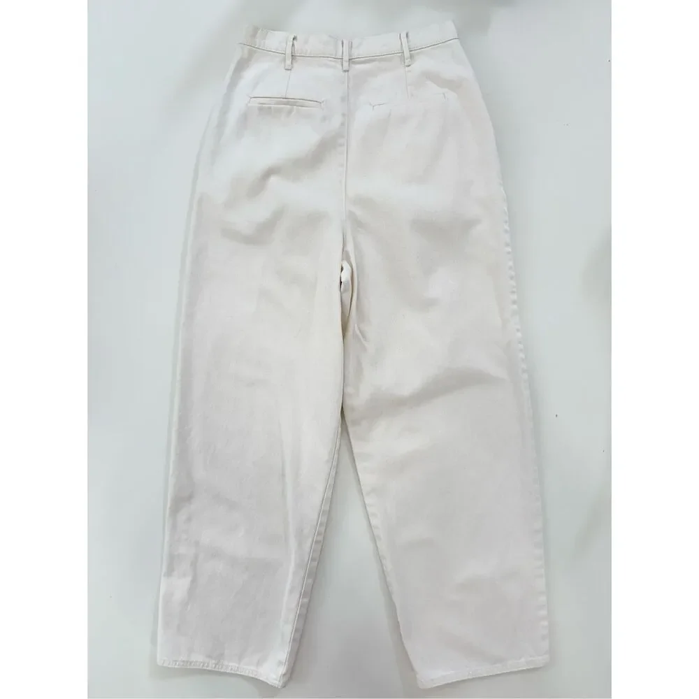 Tory Burch Denim Trouser Barrel Jean Natural Chalk Wash Pleated Crop Pants 2 - Picture 3 of 6